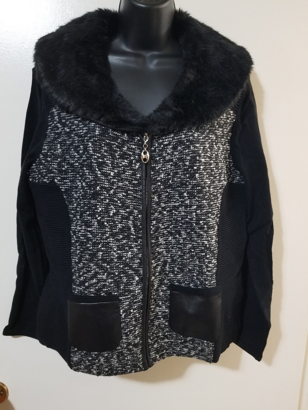 Laura Petites Moto Jacket Removable Faux Fur Collar Mixed Media Zip Up XL